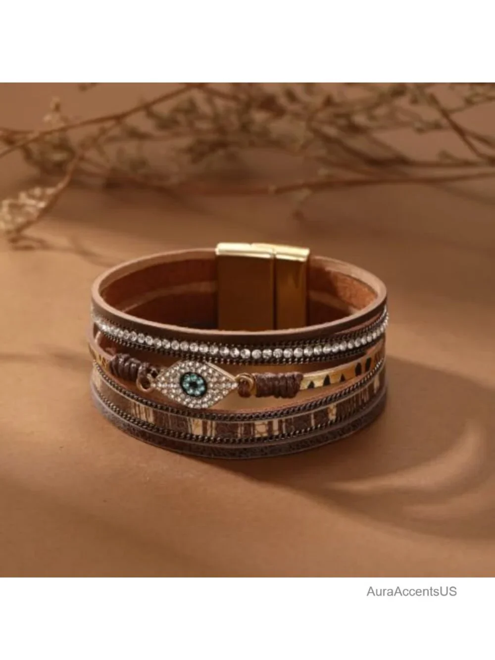 Layered Leather Wrap Bracelets for Women Boho Evil Eye Rhinestone Stackable